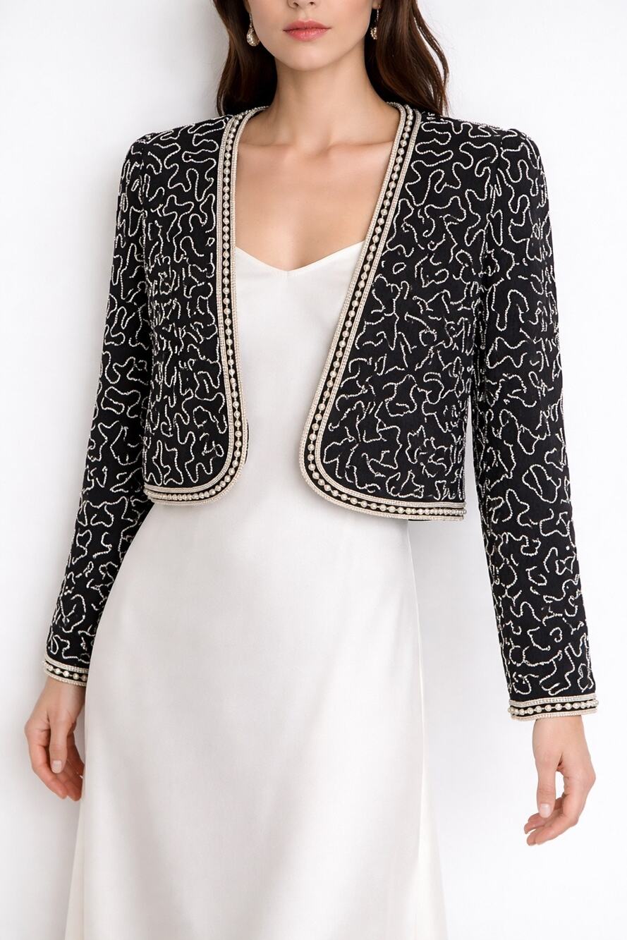 1980s Leslie Fay Silk Beaded Pearl Trim Evening Bolero Jacket M
